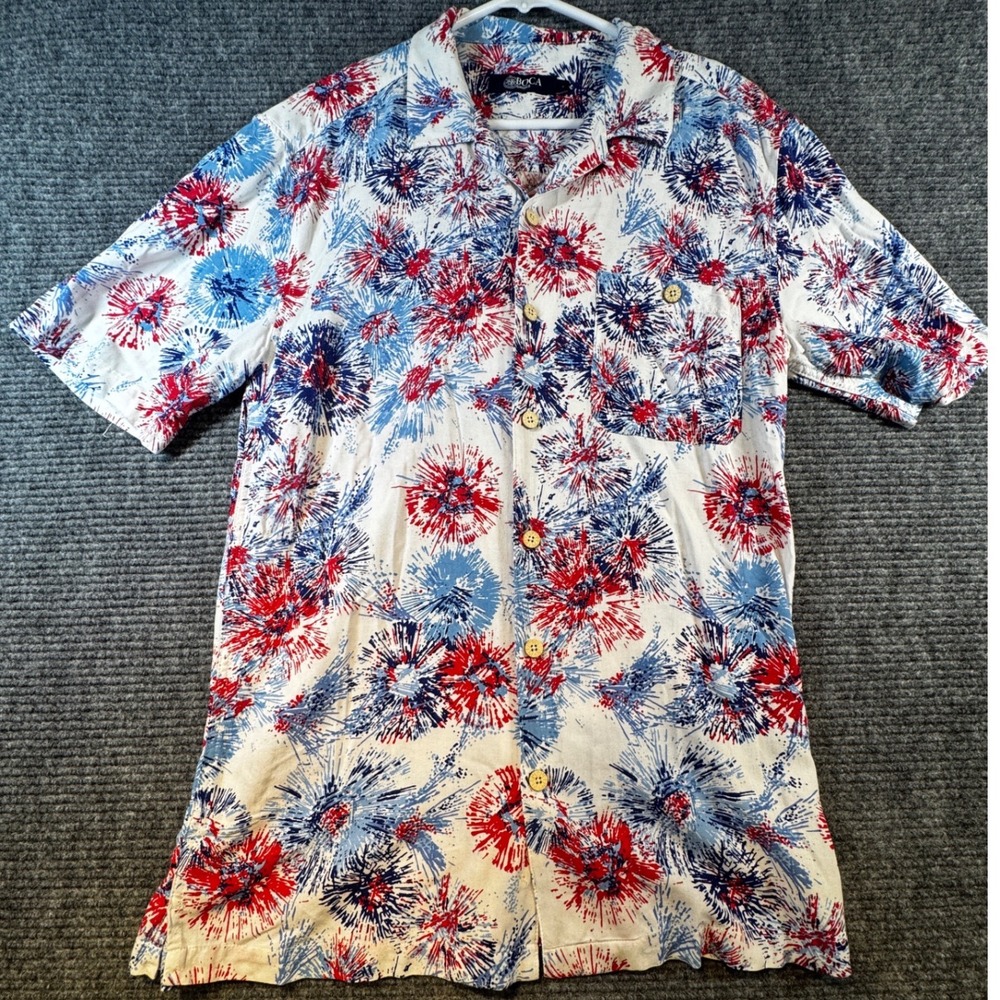 Boca Classics Men's Firework Print Short Sleeve Button Up Shirt‎ Size L